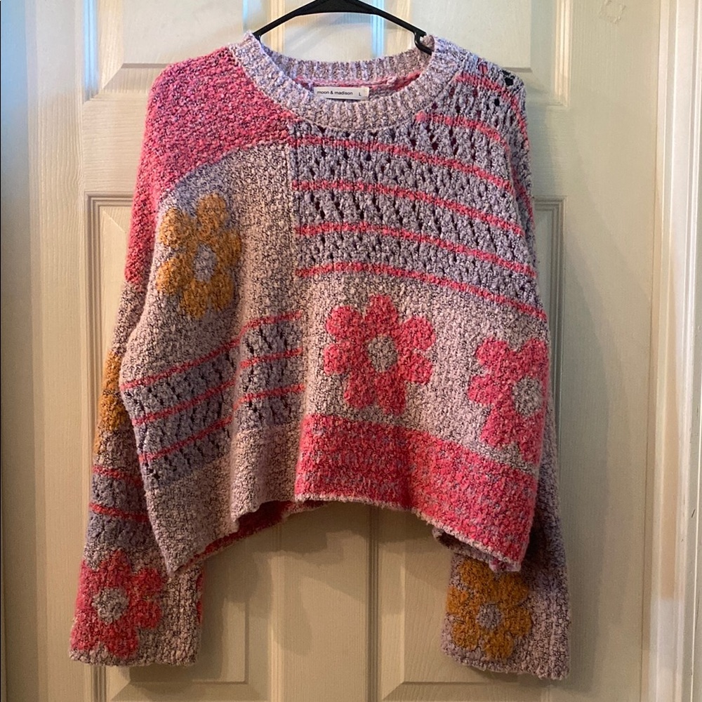 Moon & Madison Artistic Floral Kawaii Cute Purple, Pink, & Orange Sweater - Picture 3 of 14
